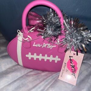 NEW!! Betsey Johnson Pink Football-Shaped Handbag w/Silver PomPoms